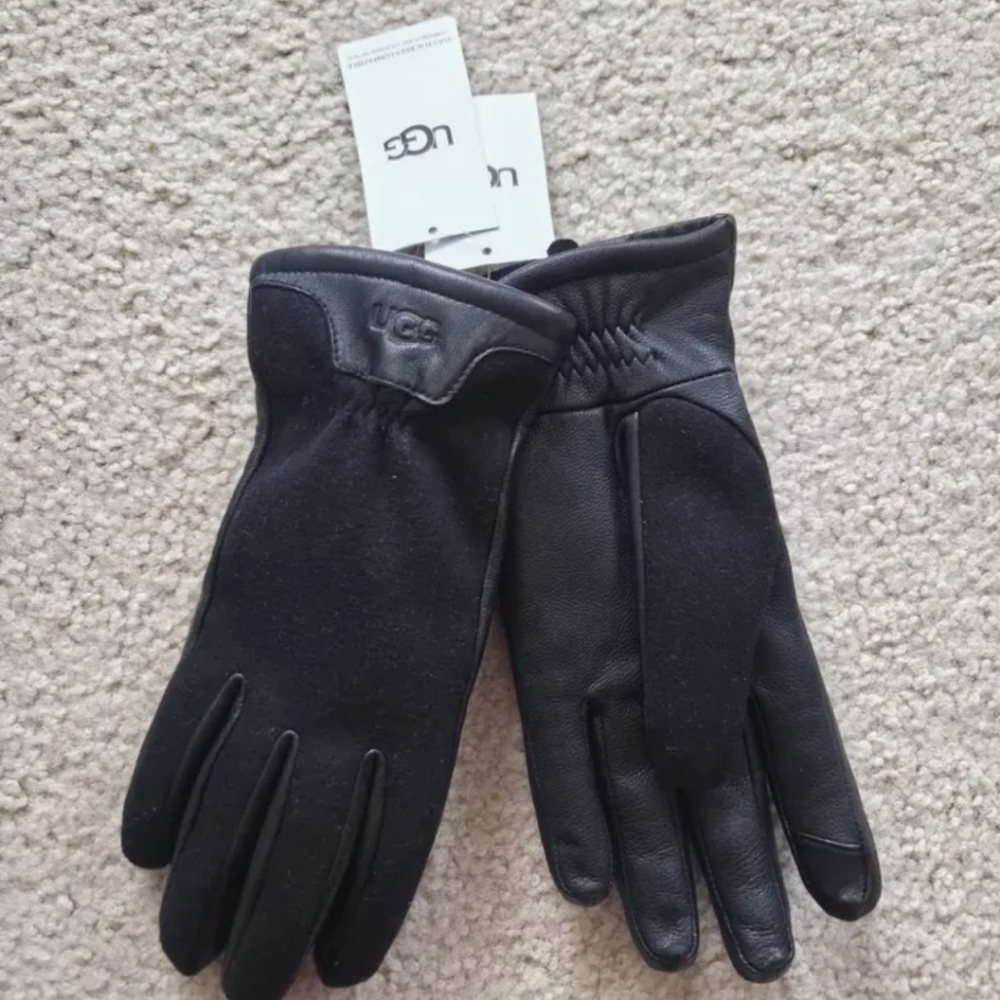UGG Men's Black Leather Gloves with Faux Fur Lining